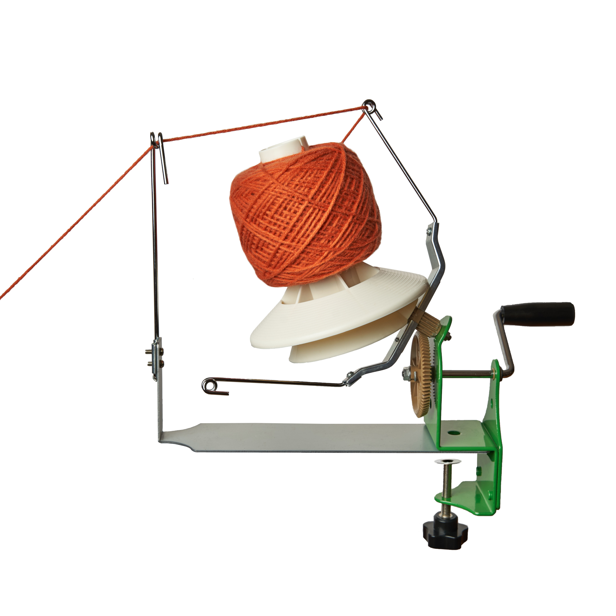 Wooden yarn winder with screw clamp.